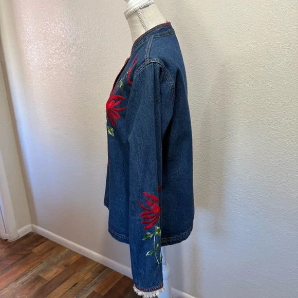 Carrie Allen - Embroidered Denim Jacket with Red Floral Accents - Size Large - Picture 3 of 15